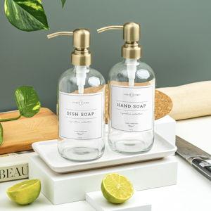 Vine Creations Glass Soap Dispenser, 2 Pack Kitchen Soap Dispenser Set with Ceramic Tray, Stainless Steel Pump, Dish Soap Dispenser for Kitchen, Hand Soap Dispenser Bathroom with Waterproof Labels