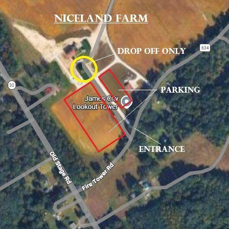 Please come in the Fire Tower Rd entrance. There is ample parking to the left and the right as you drive in. There is a drop off zone straight ahead at the barn.