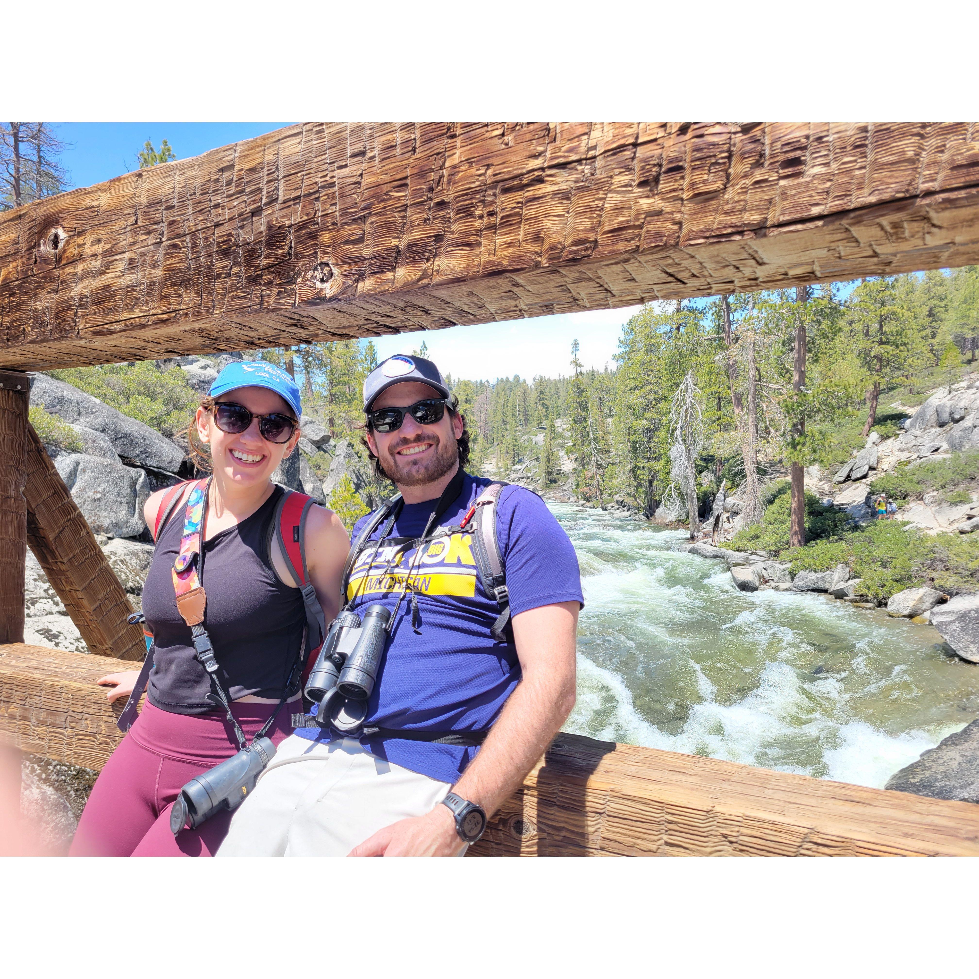 On the bridge over Yosemite Creek, hiking the Upper Yosemite Falls trail with Lisa! June 2023.