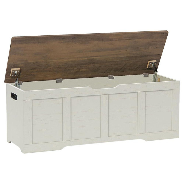 Timberer 47.2" Storage Chest, Extra Large Storage Trunk with 2 Safety Hinges, Wooden Storage Bench, Shoe Bench, Entryway Bench for Living Room, Bedroom, Brown and Rustic White
