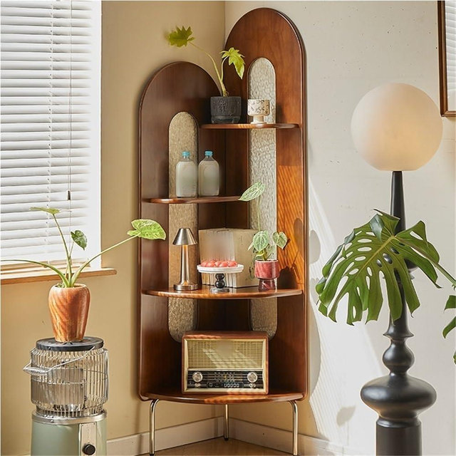 Tweizhenba 4-Tier Corner Bookshelf with Display Rack, Standing Storage Cabinet with Metal Legs, Modern Triangular Bookcase for Living Room, Bedroom(Brown)