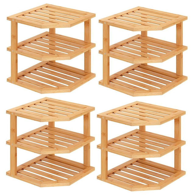 VERTORGAN 3 Tier Bamboo Corner Shelf(4 Pack),Dish Drying Rack,Plate Organizer,Kitchen Spice Rack for Countertop and Cabinet
