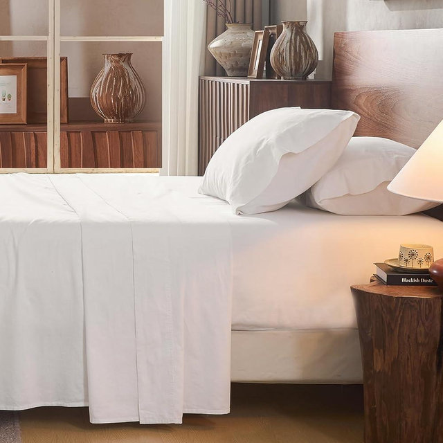Overket 100% Linen Sheet Set King Size Extra Deep Pocket Fits 18-24 Inch Mattress, Breathable & Soft, Smooth 4-Piece Set for Thick Mattresses Hotel Luxury Bedding（King, White）