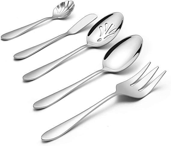 LIANYU Serving Utensils, 5 Pieces Stainless Steel Hostess Silverware Flatware Cutlery Serving Set, Mirror Finished, Dishwasher Safe
