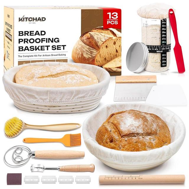 KITCHAD 13-piece Sourdough Starter Kit - 24oz Glass Sourdough Starter Jar with Thermometer, 9” Round & 10” Oval Banneton Bread Proofing Baskets, Sourdough Bread Baking Supplies with 20-recipes E-Book