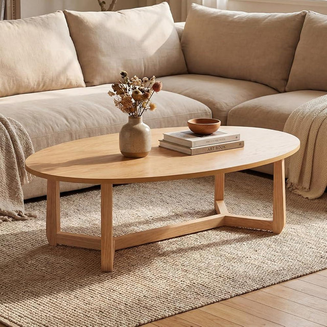 Giantex Oval Coffee Table, 46'' Wood Center Table with Thickened Top & Solid Rubber Wood Frame, Low Profile Cocktail Accent Table, Modern Living Room Table, Natural