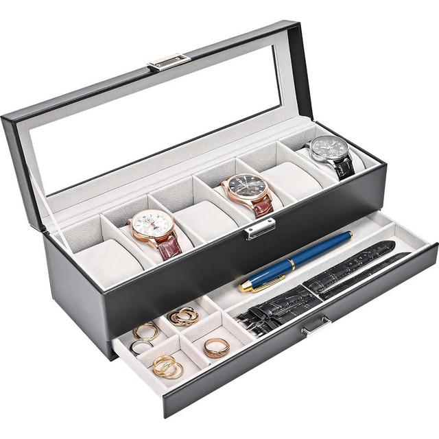 ProCase Watch Box Organizer for Men, 6 Slot Watch Display Case with Drawer, Valentines Gift Mens Watch Box Watch Case Holder, 6 Watch Box Double-layer Jewelry and Watch Storage Case -Black