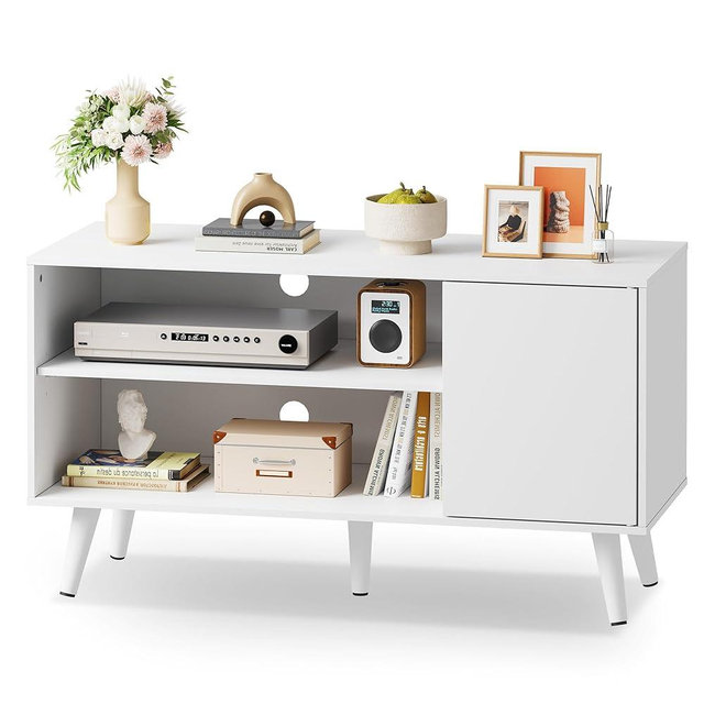 WLIVE TV Stand for 43 Inch TV, Small Entertainment Center with Storage Cabinet & Adjustable Shelves, Mid-Century Modern TV Stands for Living Room and Bedroom, TV Console Suit 32 Inch TV, White