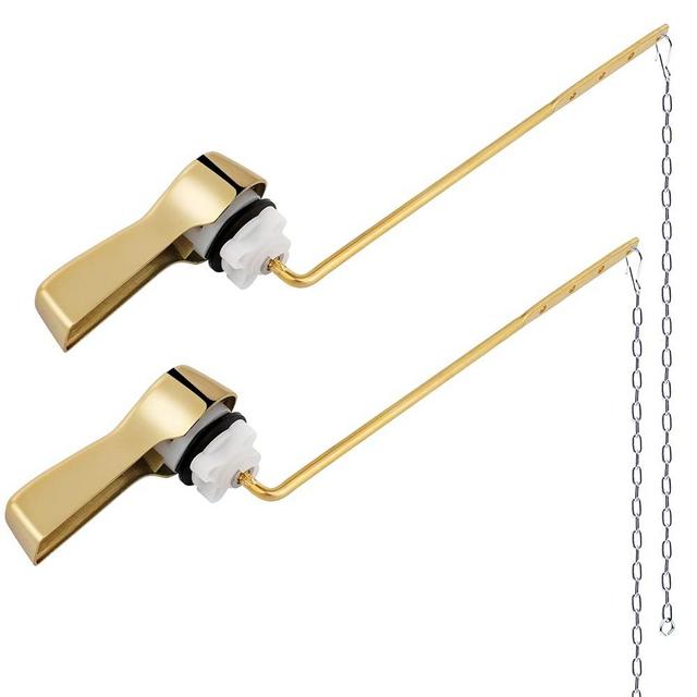 Hibbent 2 Pack Universal Front Mount Toilet Handle Tank Flush Lever Replacement Handle with 2 Pieces Stainless Steel Flapper Chains for Most Front Mount Toilets- Shiny Gold Finish Toilet Handle