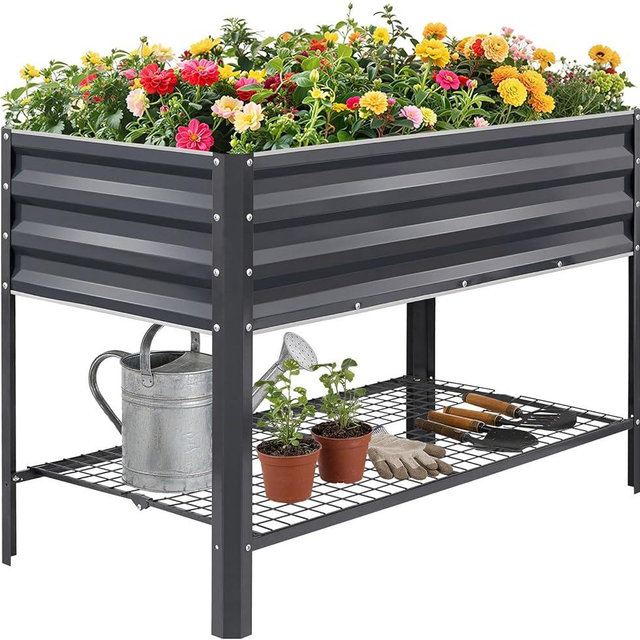 1MORE Elevated Raised Garden Bed with Legs & Storage Rack, 48×24×32in Large Metal Raised Bed for Backyard, Patio. Raised Planter Box with Drainage Holes for Plants Vegetables Flowers Fruits(Grey-1pcs)