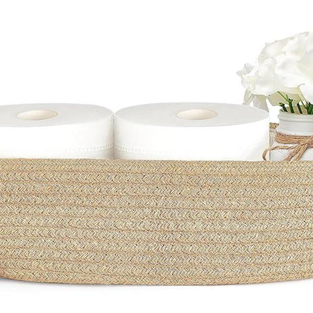 Mkono Small Storage Basket for Toilet Tank Top Boho Bathroom Decor Jute Rope Toilet Paper Tray Back of Toilet Organizer for Shelf Bedroom Living Room, Jute, 1 Pack, 13"L x 6"W
