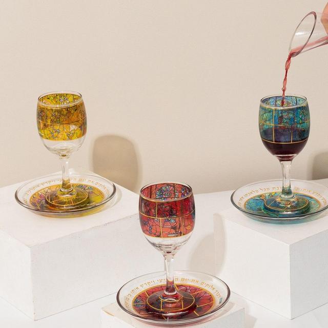 Artisan Marc Chagall Inspired Kiddush Cup Set | Handcrafted Jewish Art for Shabbat, Jewish Weddings, and Holiday Celebrations