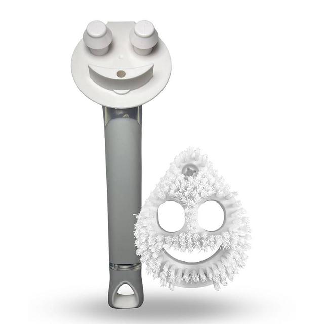 The Original Smiling Sponge Handle™ Soap Dispensing Handle - Dishwand for Scrub Daddy Sponge & Smiling Scrub Brush – Teardrop Shaped Heavy-Duty Scrubber (Combo - White)