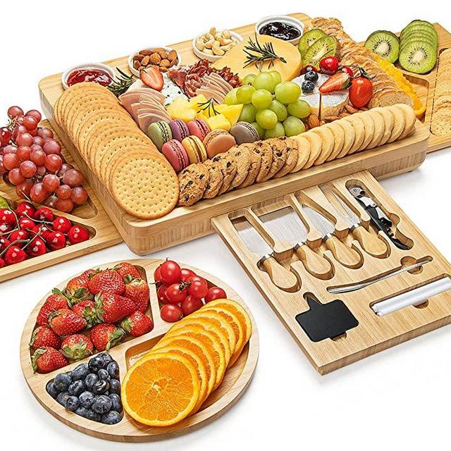 Cheese Board Knife Set, Large Charcuterie Board Set with 3 Hidden Slid-Out Drawers, Unique Bamboo Cheese Platter Board, Sibaok Wooden Cheese Tray Set, Wedding Gifts, Housewarming Gift, Birthday Gifts