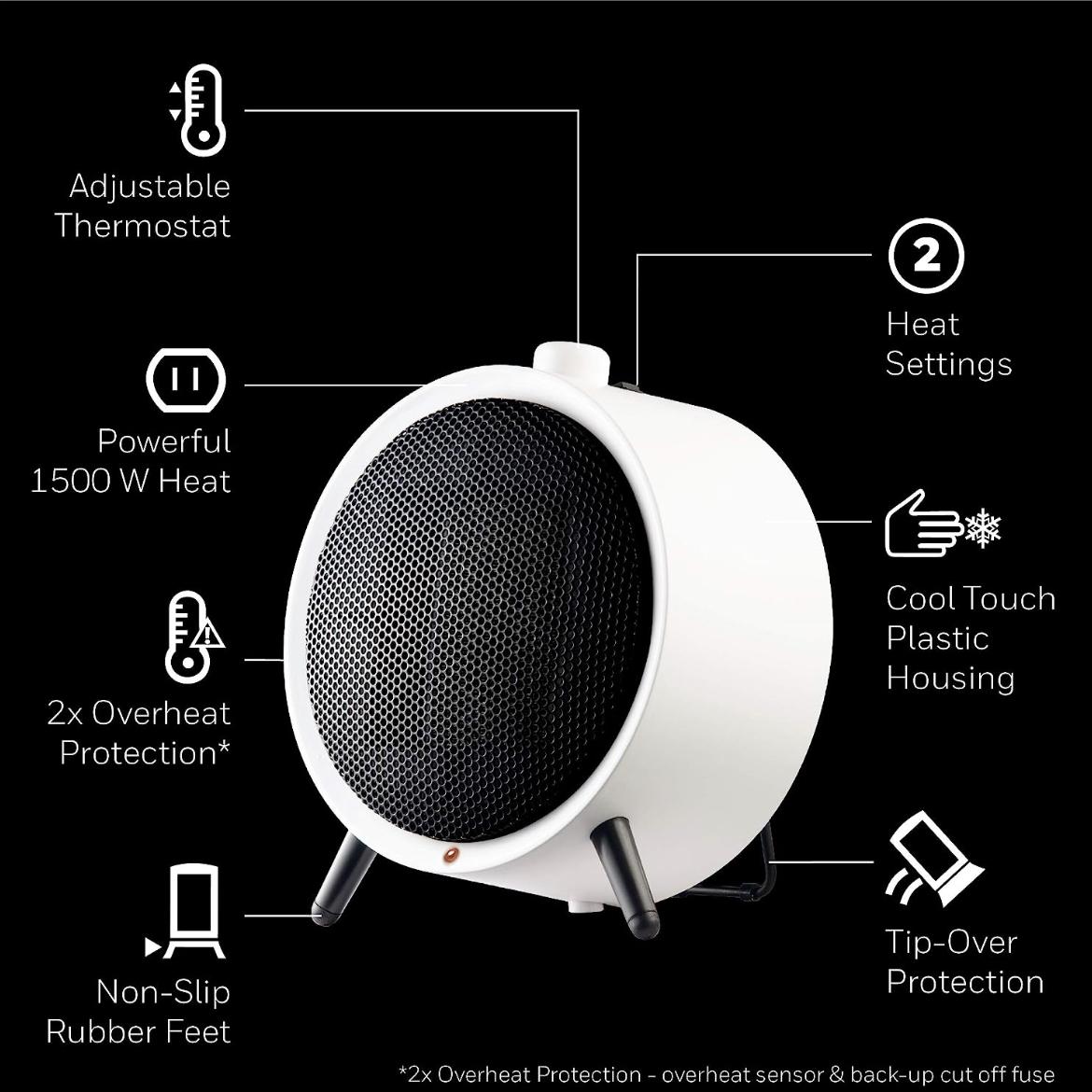 Honeywell HCE200W UberHeat Ceramic White Energy Efficient Space Saving Portable Heater with 2 Heat Settings & Adjustable Thermostat for Living Room, Bedroom, Office