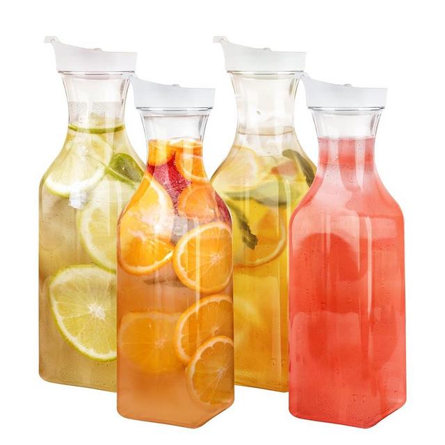 GUSTO [50 oz - 4 Pack] Plastic Carafe with Lid, Large Capacity Square Base - Clear Pitcher with Flip Top Lid, Easy-Pour Spout Juice Containers with Lids, Hand Wash Only - Perfect for Mimosa Bar