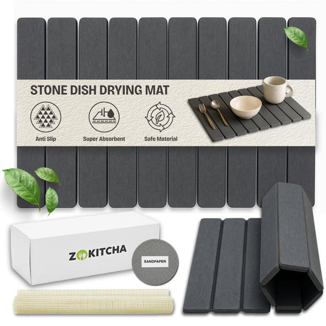 Large Stone Dish Drying Mat for Kitchen Counter, 24"×16" Foldable Fast Drying Diatomaceous Earth Mat, Super Absorbent Stone Drying Pad for Dishes, Cups, Bottles (Grey)