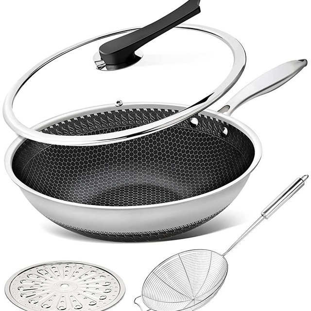 MICHELANGELO Wok Pan with Lid, Stainless Steel Wok 12 Inch, Woks & Stir-fry Pans with Honeycomb Coating, Nonstick Wok with Lid, Induction Wok Set with Spider Strainer and Steaming Rack