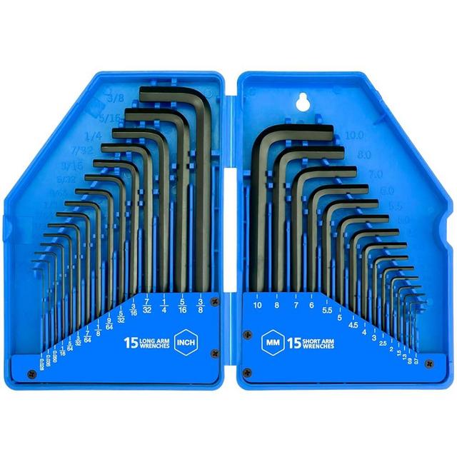 31-Piece Premium Hex Key Allen Wrench Set with Storage Case, SAE and Metric Assortment | L Shape, Chrome Vanadium Steel, Precise and Chamfered Tips | SAE 0.028 inch - 3/8 inch | Metric 0.7mm - 10 mm