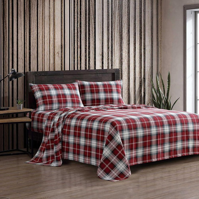 Eddie Bauer - Queen Bed Sheets, Cotton Flannel Bedding Set with Matching Pillowcases, Brushed for Extra Softness, Deep Pocket, Oeko-Tex Certified (Heartland Plaid Red)