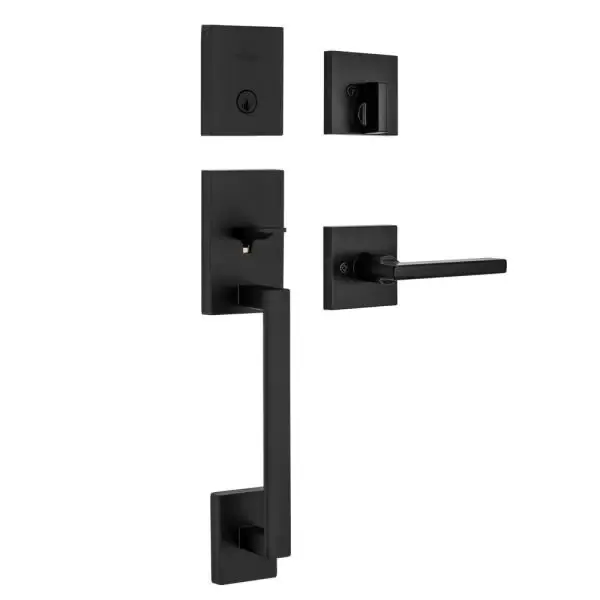 San Clemente Matte Black Single Cylinder Low Profile Door Handleset with Halifax Handle Featuring SmartKey Security
