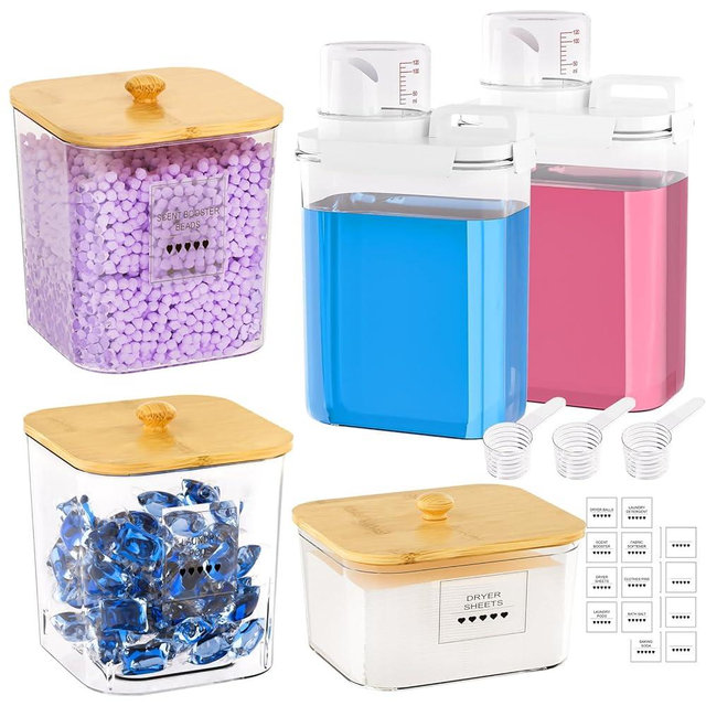 Homde Clear Laundry Detergent Dispenser: 3+2 Pack Reusable Pods Container with Lids for Dryer Balls - Plastic Sheets Holder Set for Scent Booster
