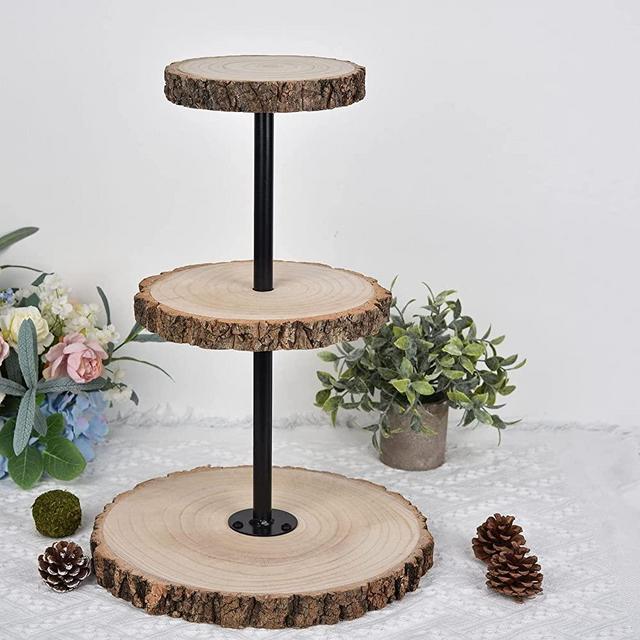 Efavormart 19" Tall | 3 Tier Rustic Cupcake Stand, Natural Wooden Cake Stand Dessert Display with Metal Pole