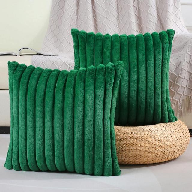 FUTEI Emerald Green Striped Decorative Throw Pillow Covers 24x24 Inch Set of 2,Square Fall Decorations Couch Euro Pillow Case,Soft Cozy Faux Rabbit Fur & Velvet Back,Modern Home Decor for Bed