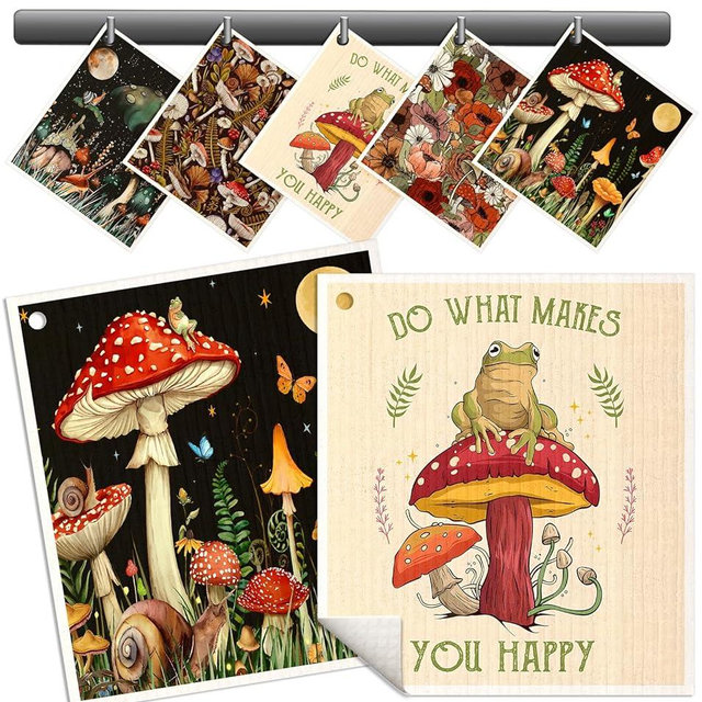 Miss Adola Swedish Dishcloths for Kitchen Reusable Swedish Cloths for Washing Dishes Absorbent Fast Drying No Odor Cleaning Swedish Sponge Decorate 5Pack Washable Swedish Towels, Mushroom Frog