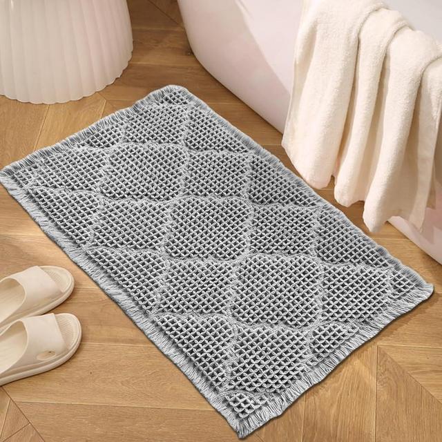 ZALL Waffle Bath Mat,Super Absorbent Non Slip Bathroom Rug,Grey 18x30inch,Geometric Diamond Machine Washable Ultra Soft Floor Mats Gray