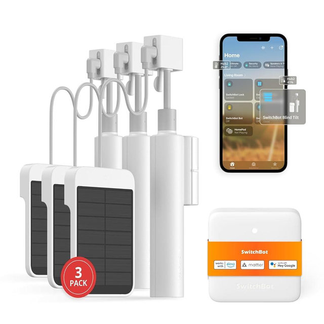 SwitchBot Smart Electric Motorized Blinds Kit with Hub Mini Matter-2.4G WiFi Remote Control, Solar Powered, Compatible with Alexa, Google Home and Siri, Light Sensing Control, Unlimited Group Control