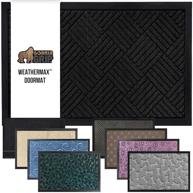 GORILLA GRIP 100% Waterproof All-Season WeatherMax Doormat US Designed Natural Rubber, Stain and Fade Resistant, Low Profile Indoor Outdoor Door Mats, Easy Clean Patio Mat, 23x35, Black Diamond