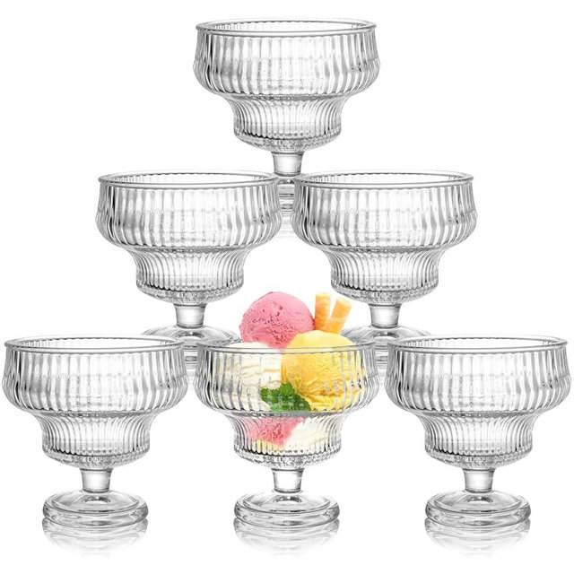ZAVOOS Set of 6 Glass Ice Cream Bowls, Vintage Heavy Base Footed Dessert Cup Set, Stripes Clear Embossed Glass Serving Bowls for Sundae, Ice Cream, Fruit, Parfait