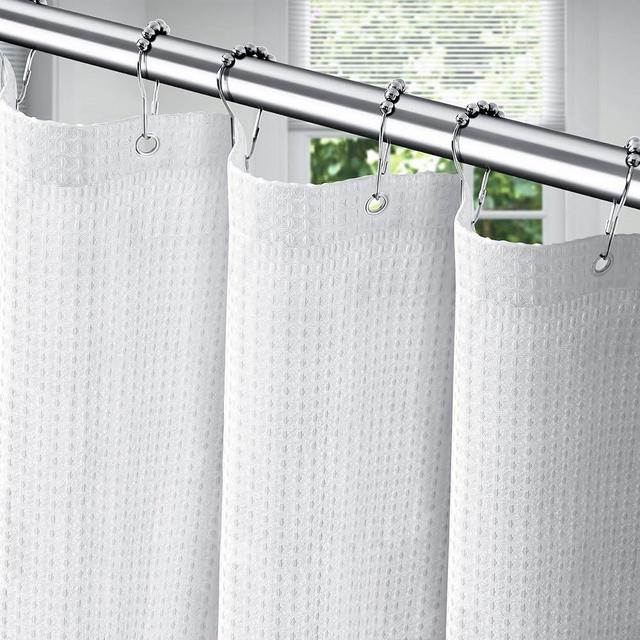 PANGSINNE White Shower Curtain 256GSM Weighted Waffle Water Repellent Shower Curtain Heavy Duty Fabric, Machine Washable Hotel Quality Bathroom Shower Curtain Set with 12 Metal Hooks, 72Wx72H