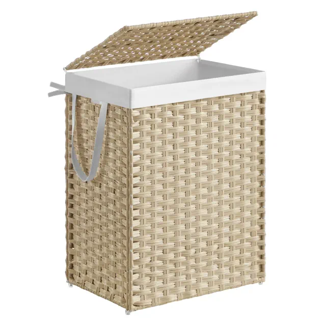 SONGMICS Laundry Hamper with Lid,23.8 Gallon Synthetic Rattan Laundry Basket with Lid and Handles,Foldable,Removable Liner,Summer Sand