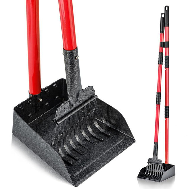 MXF Pooper Scooper, Dog Pooper Scooper Long Handle Stainless Metal Tray and Rake Set for Medium Small Dogs Heavy Duty - Use on Grass, Dirt or Gravel - Red