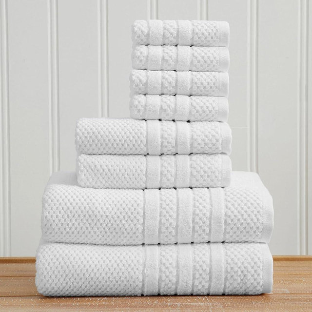 Great Bay Home 100% Cotton 8 Piece Towel Set - Absorbent, Quick-Drying, Checkered Jacquard Bath Towels for Bathroom - Zero-Twist Fibers (White)