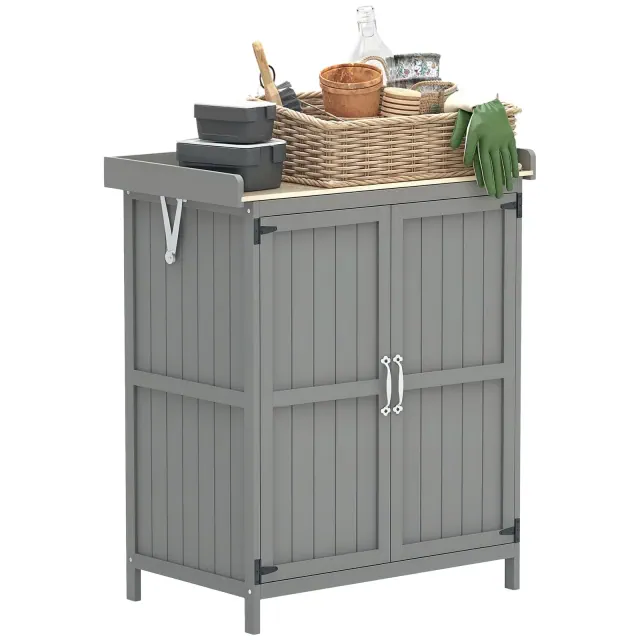 Outsunny Outdoor Garden Shed, Wooden Backyard Shed with Metal Tabletop, Shelf and 2 Doors for Patio, Lawn, Gray
