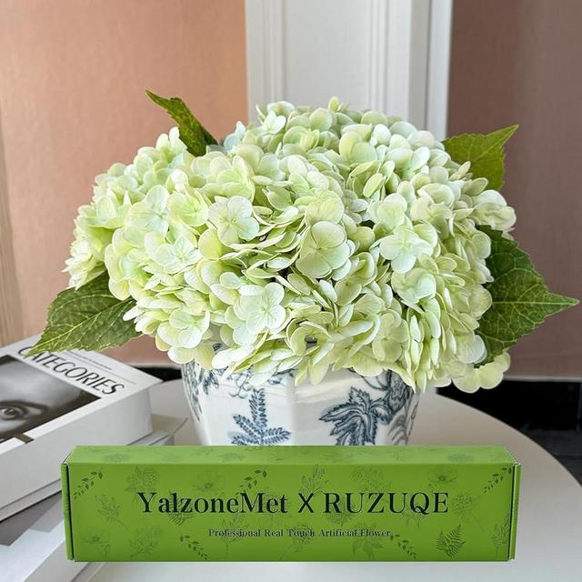 YalzoneMet 4Pcs Light Green Hydrangea Artificial Flower Natural Lifelike Real 21 inch Long Stem Hydrangea Latex Flower Bouquets for Home Party Outdoor Wedding Table Centerpiece Decor