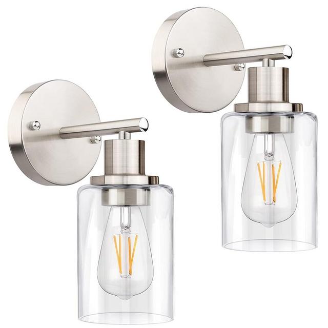 ShineTech Wall Sconces Set of 2, 1-Light Brushed Nickel Wall Lights, Modern Sconces Wall Lighting, Bathroom Vanity Light, Farmhouse Wall Light with Clear Glass, Wall Mounted Lamp for Mirror Bedroom