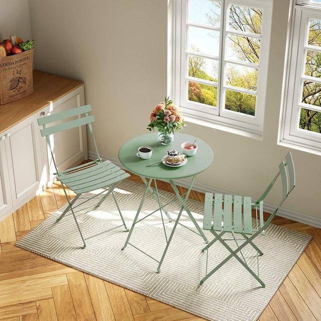 Bistro Table and Chairs Set of 2, 3 Piece Outdoor/Indoor Folding Patio Bistro Sets, 2 Chair Patio Furniture Set with Table, Premium Frame Foldable Coffee Tables for Balcony, Yard, Garden, Green