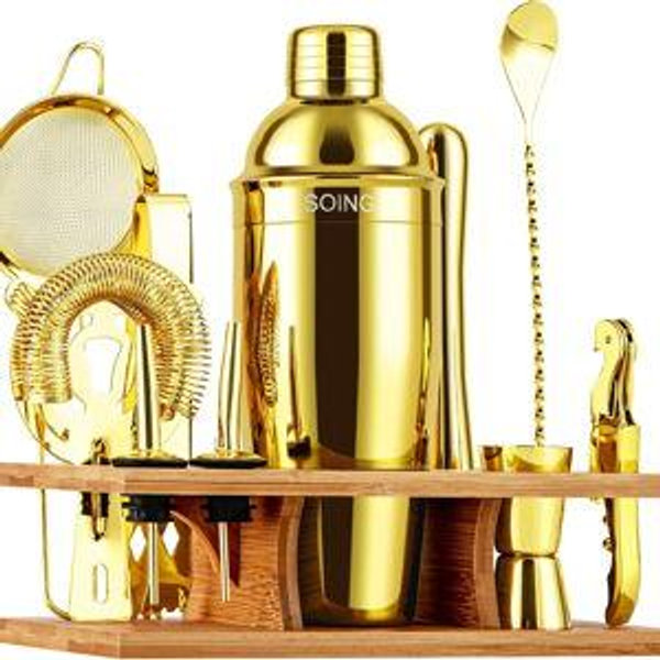 Soing 11-Piece Gold Bartender Kit,Perfect Home Cocktail Shaker Set for Drink Mixing,Stainless Steel Bar Tools with Stand,Velvet Carry Bag & Cocktail Recipes Cards (Gold)