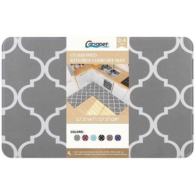 Carvapet Moroccan Trellis Kitchen Mat Waterproof Non-Slip Rugs Cushioned Anti-Fatigue Kitchen Rug Heavy Duty PVC Ergonomic Comfort Standing Foam Mats for Office Laundry, Grey, 17.3''x27.5''