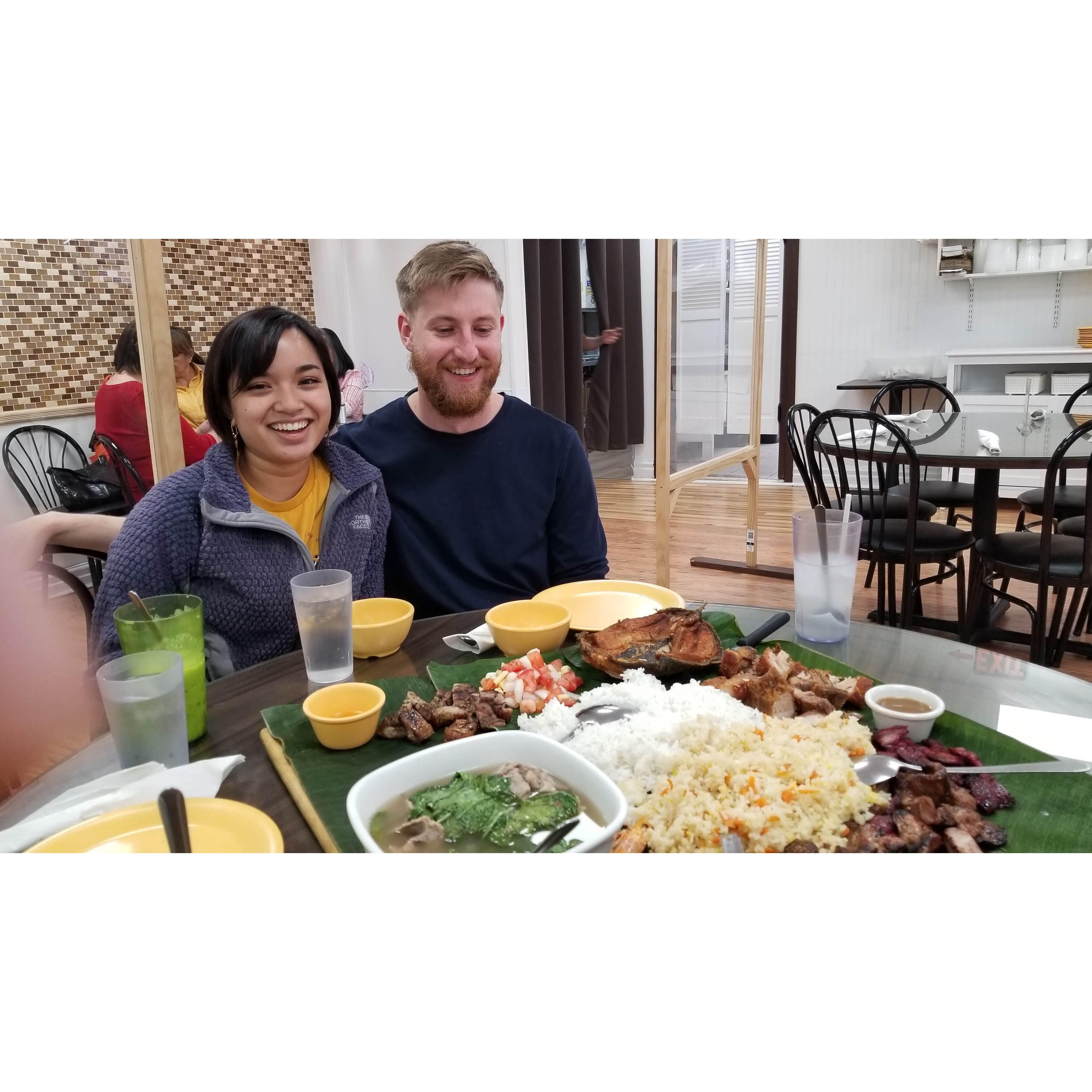 Samuel's first time at a Filipino restaurant and our first "boodle fight"