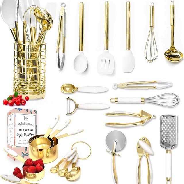 White and Gold Kitchen Utensils Set - 23 Piece Luxe White and Gold Kitchen Accessories Include Gold Measuring Cups and Spoons, White Silicone and Gold Cooking Utensils, White and Gold Kitchen Tools