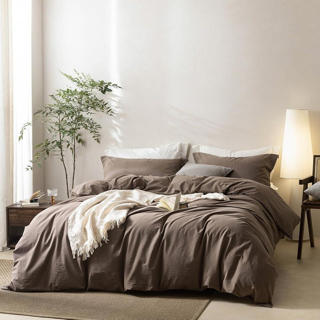 BDEAR Linen Feel Light Chocolate Brown Duvet Cover California King Size 104'' W x 98'' L, 100% Washed Cotton Duvet Cover with Zipper Closure Plus 2 Pillowcases, Oeko TEX Standard Certificated
