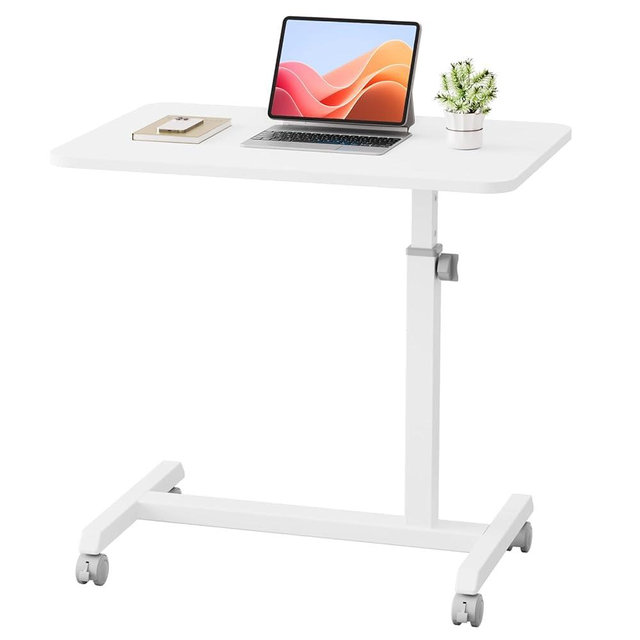 GTPLAYER Mobile Small Standing Desk, Sit Stand Portable Rolling Laptop Desk with Lockable Wheels, Adjustable Height Overbed Bedside Table Computer Workstations, White