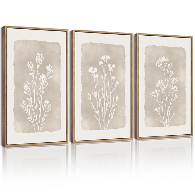 KUVIOKE Boho Botanical Flower Framed Wall Art Farmhouse Vintage Floral Wall Painting Rustic Wildflower Neutral Prints Artwork Home Decor 12x16in (Natural Framed)