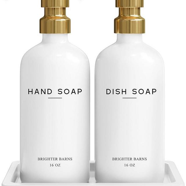 Luxury Glass Hand and Dish Soap Dispenser Set by Brighter Barns - Kitchen Soap Dispenser Set with Tray - Gold Soap Dispenser for Kitchen Sink - Gold Kitchen Decor & Accessories, Home Decor (Gold)