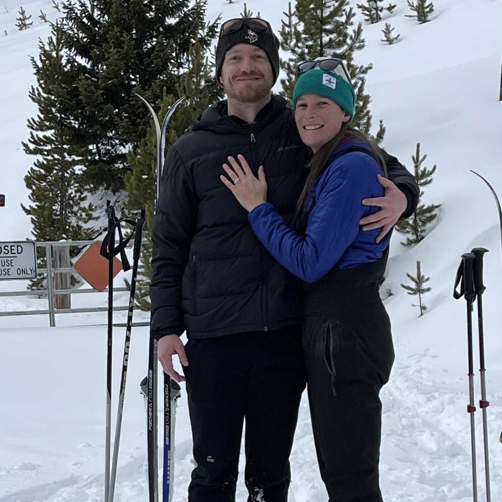February 5, 2022. Sam proposed to Juliana while cross-country skiing at Georgetown Lake.